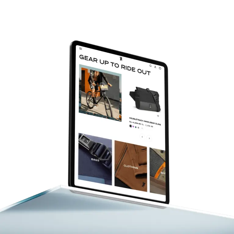 Tablet Displaying Chrome Industries eCommerce Website for Cycling Gear and Accessories Developed by Karvex